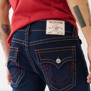 NWT True Religion Men Jeans Blue ROCCO Big T Flap Relaxed Skinny $199 size 34 36